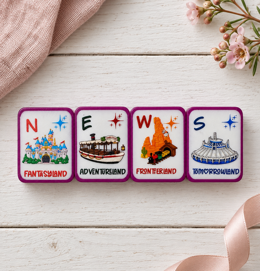 Happiest Tiles on Earth Mahjong set with 3D printed tiles, matching tile bag, dice, and choice of jokers