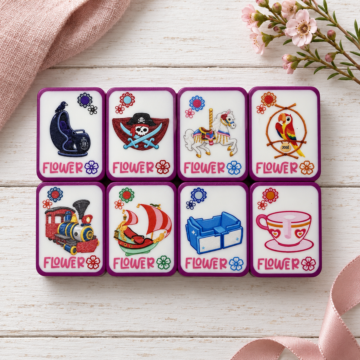 Happiest Tiles on Earth Mahjong set with 3D printed tiles, matching tile bag, dice, and choice of jokers