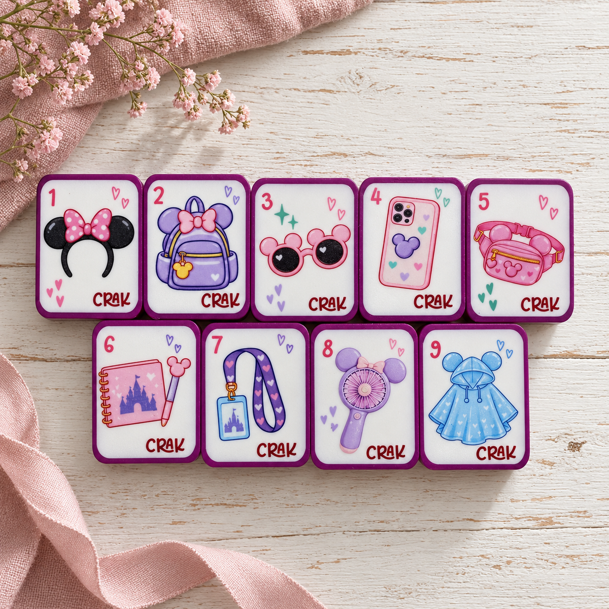 Happiest Tiles on Earth Mahjong set with 3D printed tiles, matching tile bag, dice, and choice of jokers