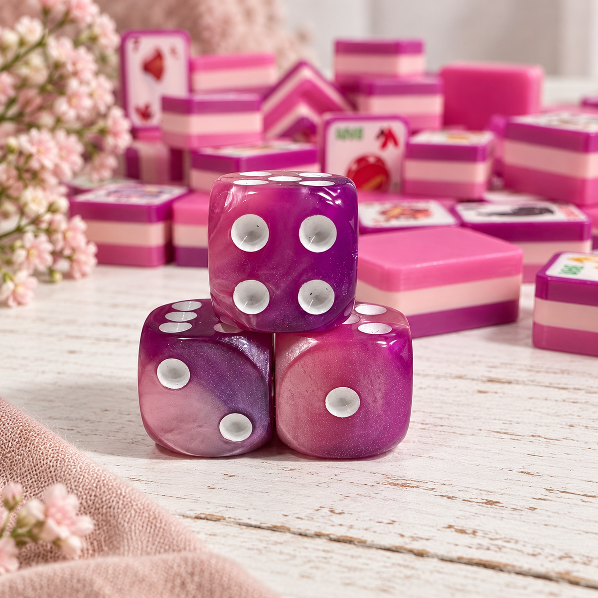 Happiest Tiles on Earth Mahjong set with 3D printed tiles, matching tile bag, dice, and choice of jokers