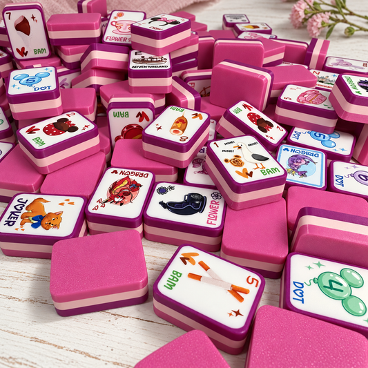 Happiest Tiles on Earth Mahjong set with 3D printed tiles, matching tile bag, dice, and choice of jokers